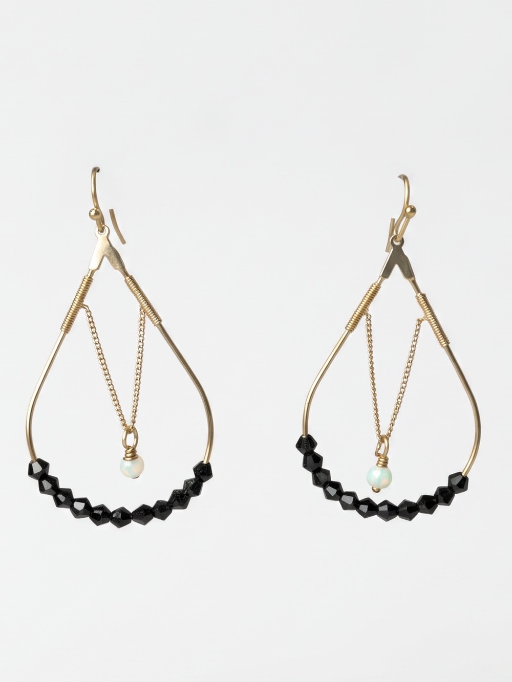 Gold Teardrop Hoop Earrings with Black Beads and White Accent - Women Jewelry